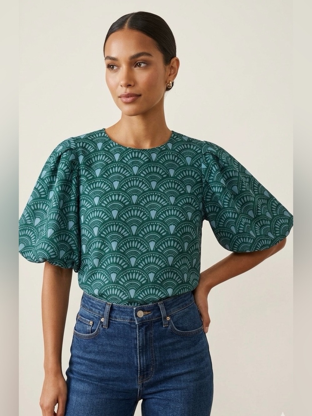 NWOT J.Marie Teal Norah Puff Sleeve Blouse Geometric Tile Print S